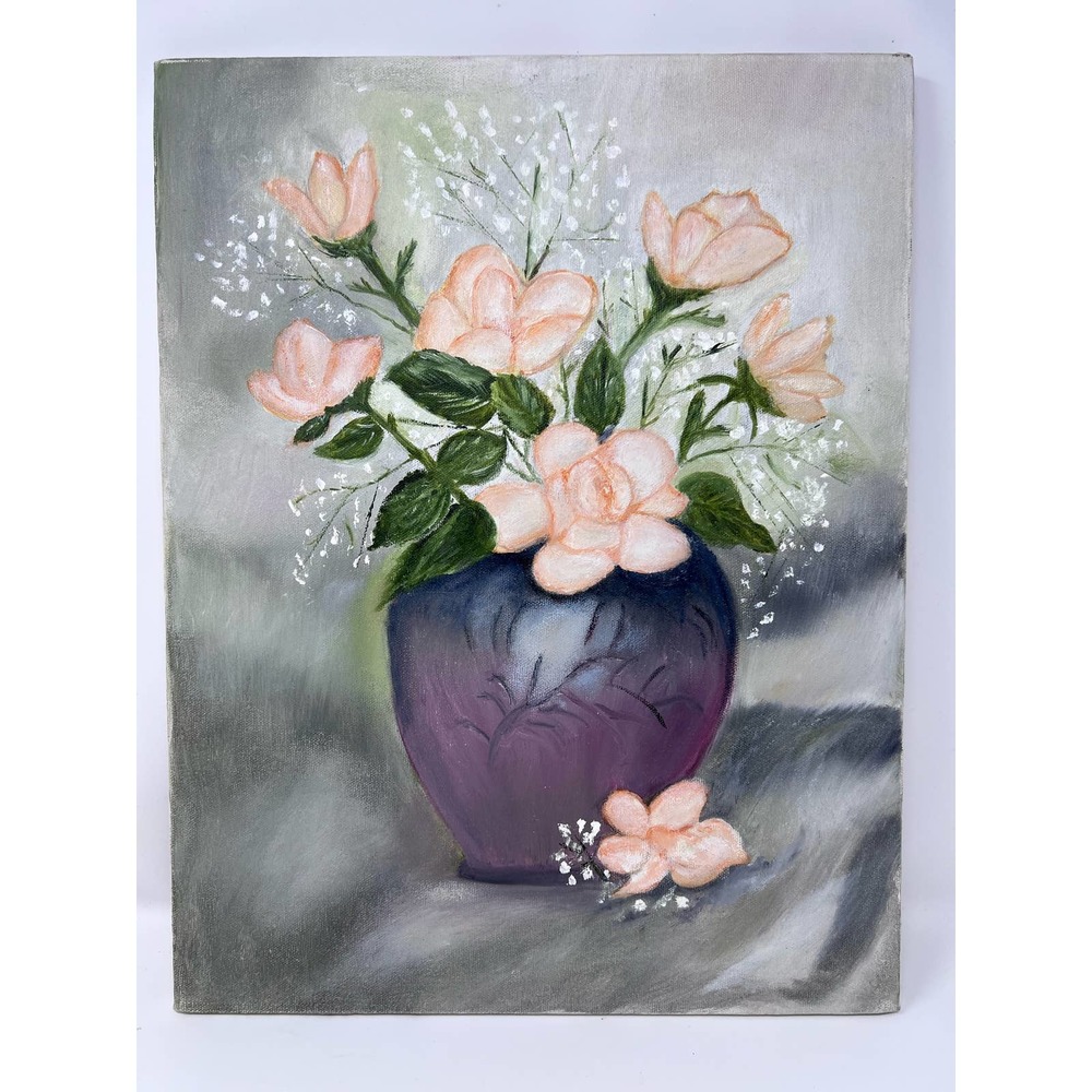 Canvas of Pink Flowers in Purple Vase Light Gray Background‎